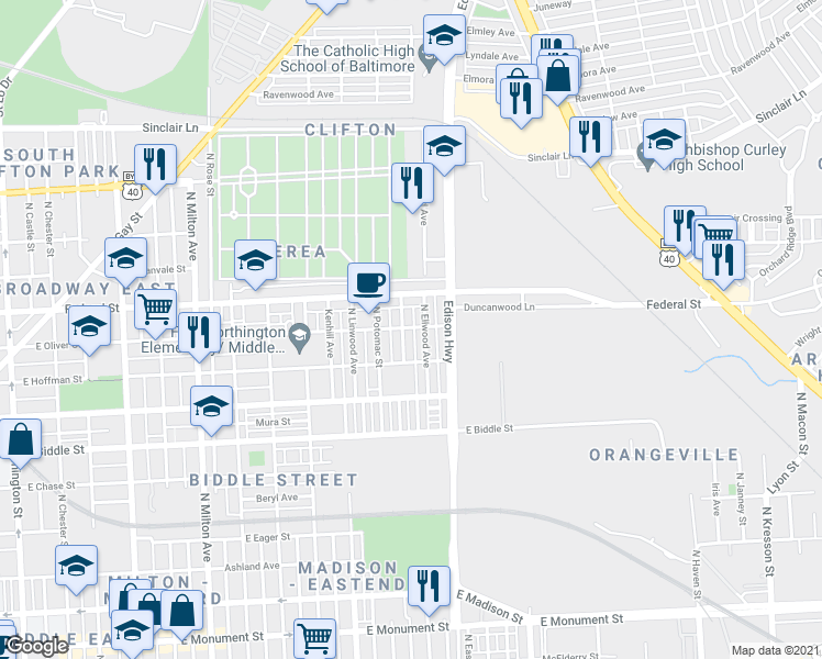 map of restaurants, bars, coffee shops, grocery stores, and more near 1408 North Decker Avenue in Baltimore
