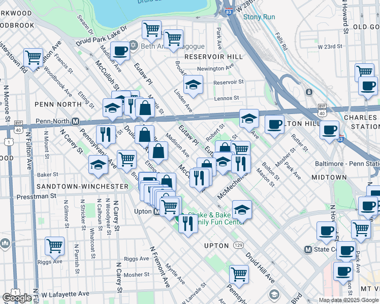 map of restaurants, bars, coffee shops, grocery stores, and more near 1901 Madison Avenue in Baltimore