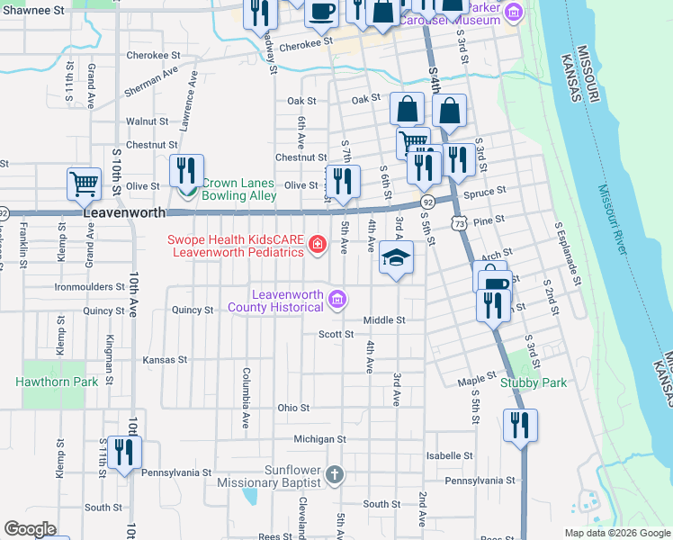 map of restaurants, bars, coffee shops, grocery stores, and more near 711 Marshall Street in Leavenworth