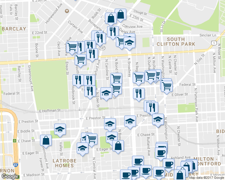 map of restaurants, bars, coffee shops, grocery stores, and more near 1507 E Federal St in Baltimore