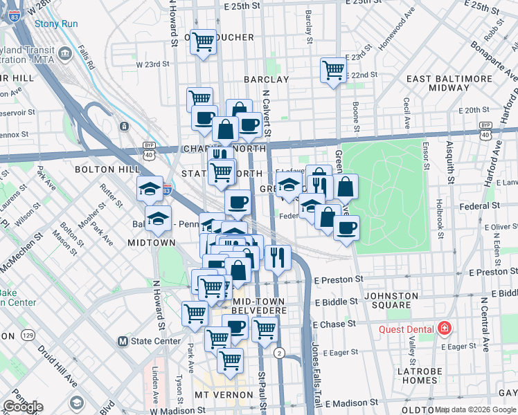 map of restaurants, bars, coffee shops, grocery stores, and more near 1609 Saint Paul Street in Baltimore