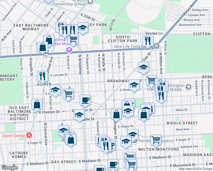 map of restaurants, bars, coffee shops, grocery stores, and more near 1529 North Wolfe Street in Baltimore