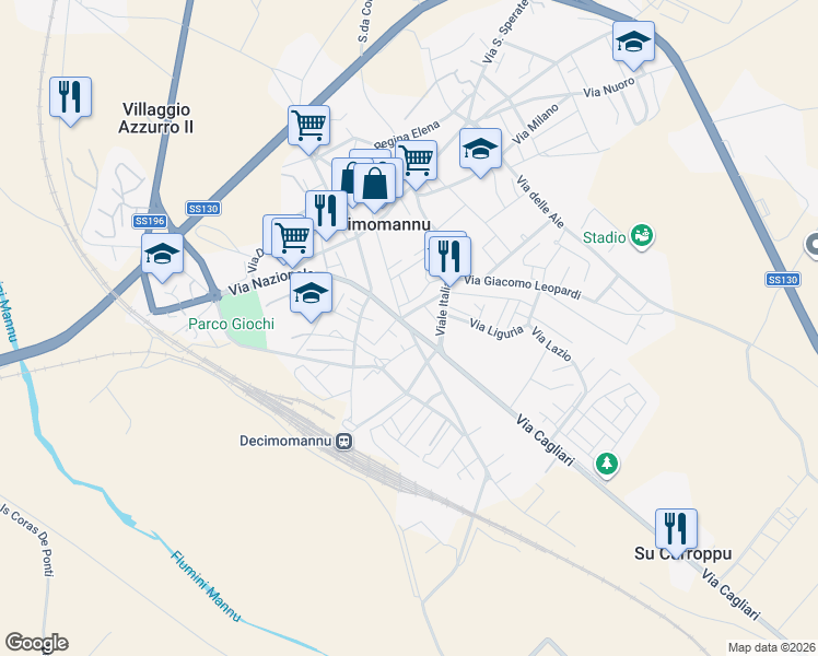 map of restaurants, bars, coffee shops, grocery stores, and more near 13 Vico Papa Giovanni XXIII in Decimomannu