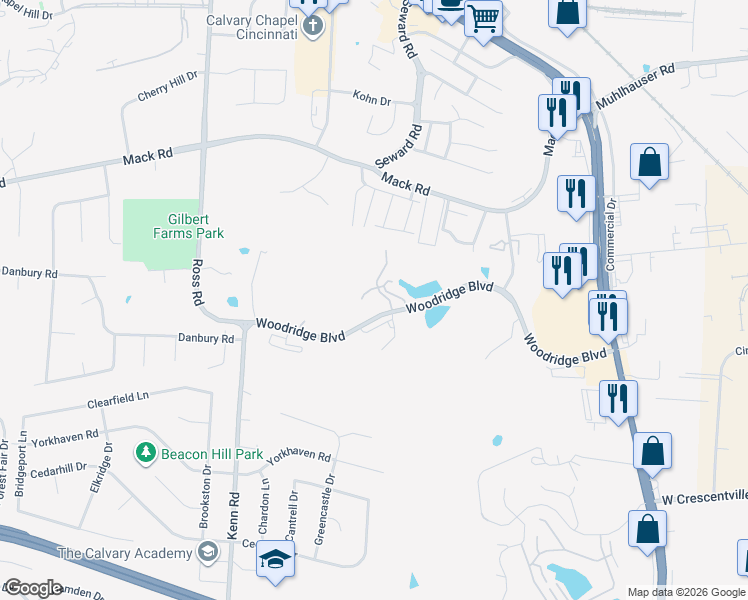 map of restaurants, bars, coffee shops, grocery stores, and more near 3830 Woodridge Boulevard in Fairfield