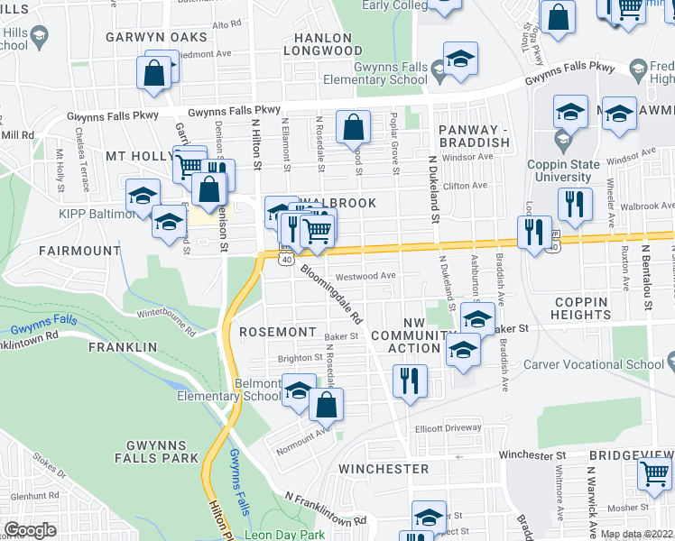 map of restaurants, bars, coffee shops, grocery stores, and more near 1801 North Rosedale Street in Baltimore