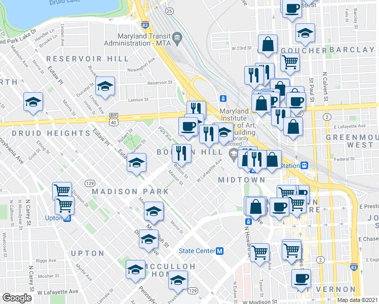 map of restaurants, bars, coffee shops, grocery stores, and more near in Baltimore