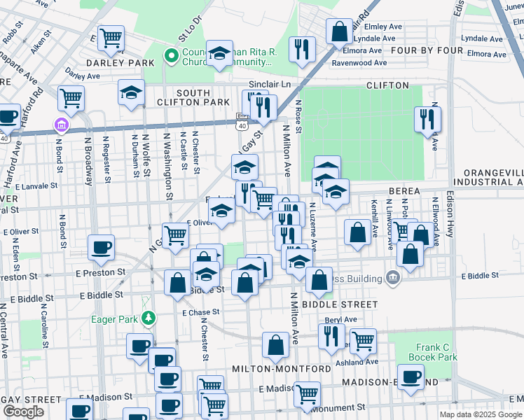 map of restaurants, bars, coffee shops, grocery stores, and more near 1506 North Montford Avenue in Baltimore