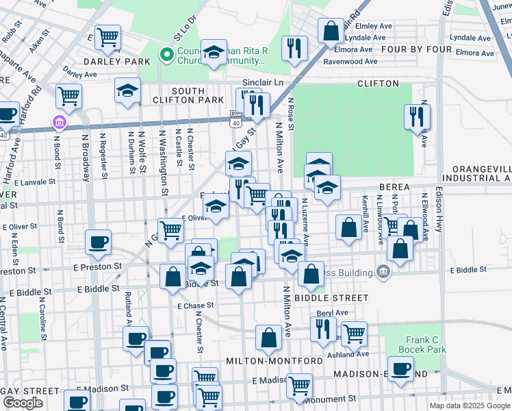 map of restaurants, bars, coffee shops, grocery stores, and more near 1506 North Montford Avenue in Baltimore