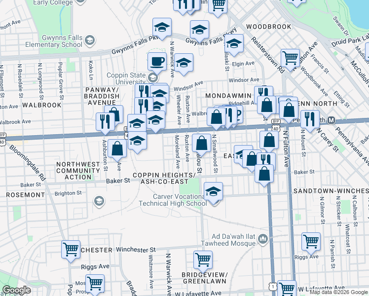 map of restaurants, bars, coffee shops, grocery stores, and more near 1732 Ruxton Avenue in Baltimore