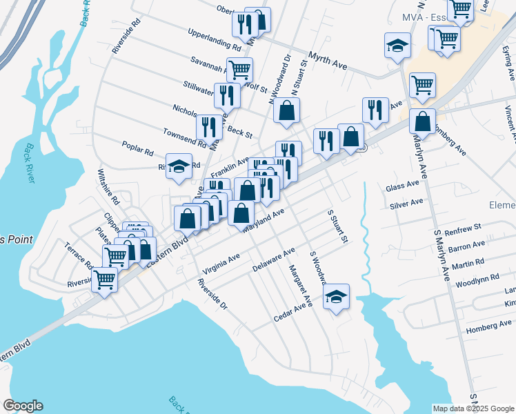 map of restaurants, bars, coffee shops, grocery stores, and more near 515 Eastern Boulevard in Essex