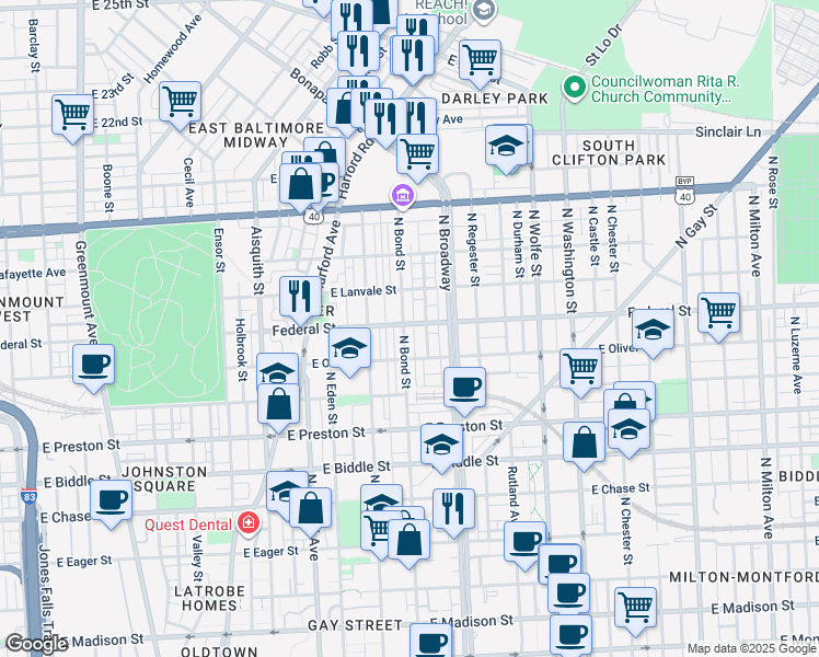 map of restaurants, bars, coffee shops, grocery stores, and more near 1541 North Bond Street in Baltimore