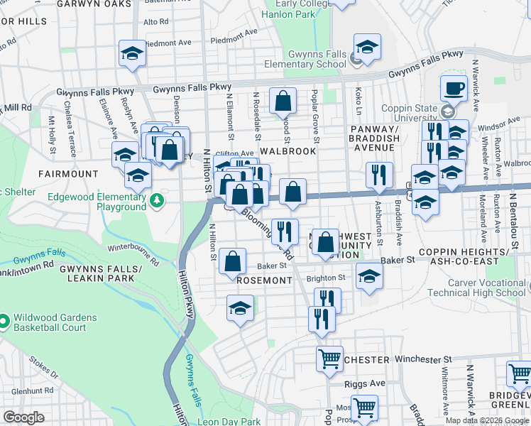 map of restaurants, bars, coffee shops, grocery stores, and more near 1801 North Rosedale Street in Baltimore