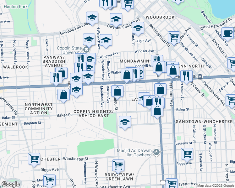 map of restaurants, bars, coffee shops, grocery stores, and more near 1731 North Bentalou Street in Baltimore