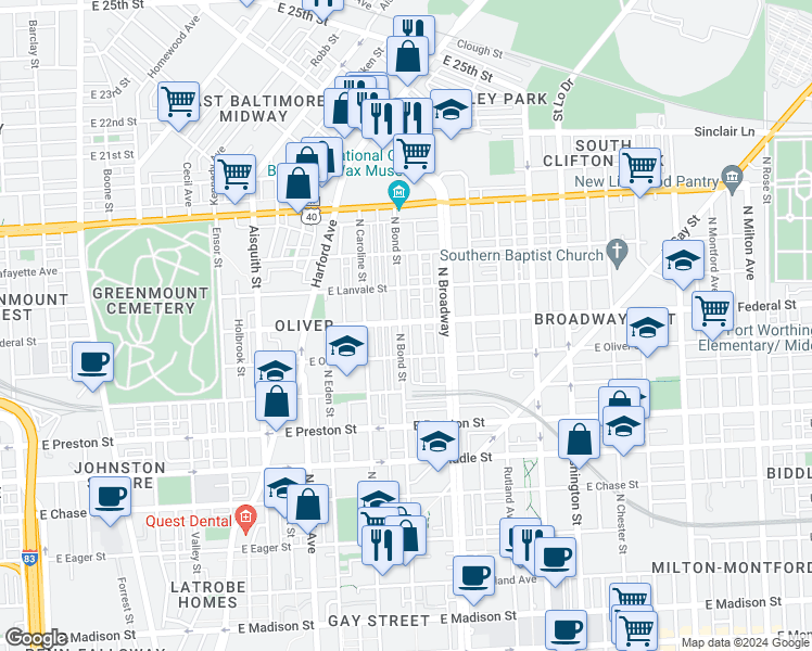 map of restaurants, bars, coffee shops, grocery stores, and more near 1541 North Bond Street in Baltimore