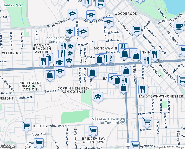 map of restaurants, bars, coffee shops, grocery stores, and more near 1731 North Bentalou Street in Baltimore