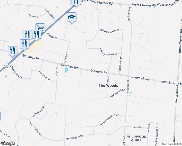 map of restaurants, bars, coffee shops, grocery stores, and more near 7872 Dimmick Road in Butler County