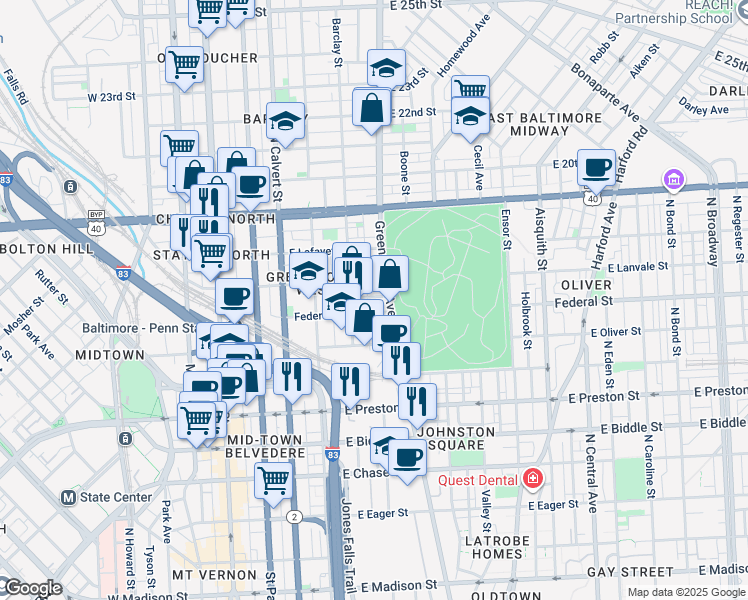 map of restaurants, bars, coffee shops, grocery stores, and more near 437 Pitman Place in Baltimore