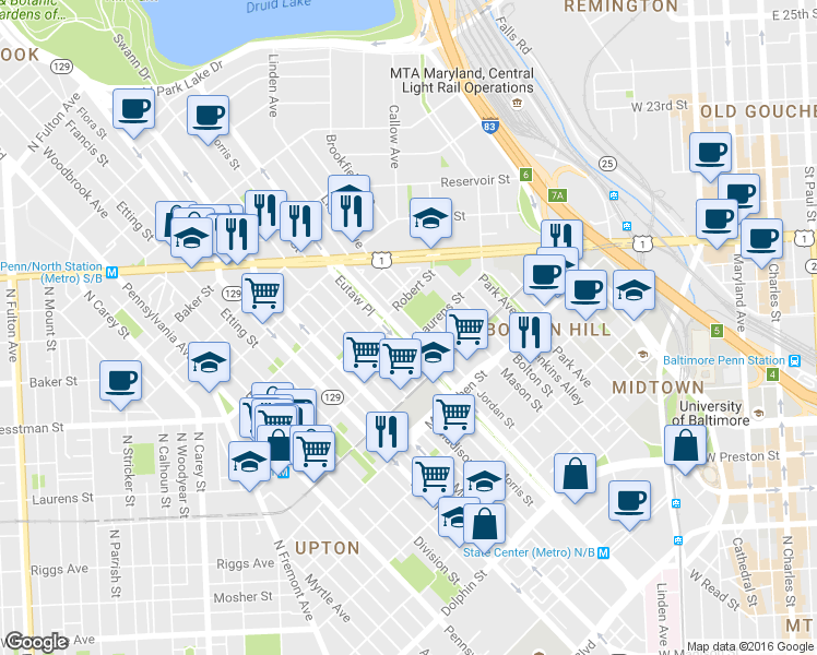 map of restaurants, bars, coffee shops, grocery stores, and more near 1807 Eutaw Place in Baltimore