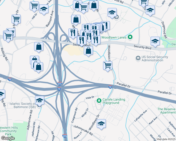 map of restaurants, bars, coffee shops, grocery stores, and more near 1500 Woodlawn Drive in Baltimore