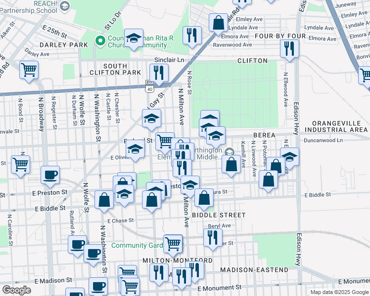 map of restaurants, bars, coffee shops, grocery stores, and more near 1517 North Milton Avenue in Baltimore