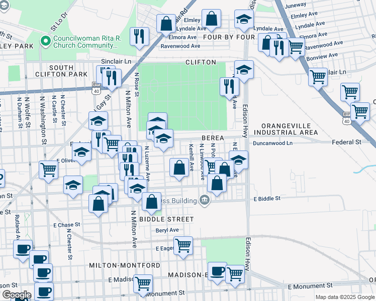 map of restaurants, bars, coffee shops, grocery stores, and more near 1506 Kenhill Avenue in Baltimore