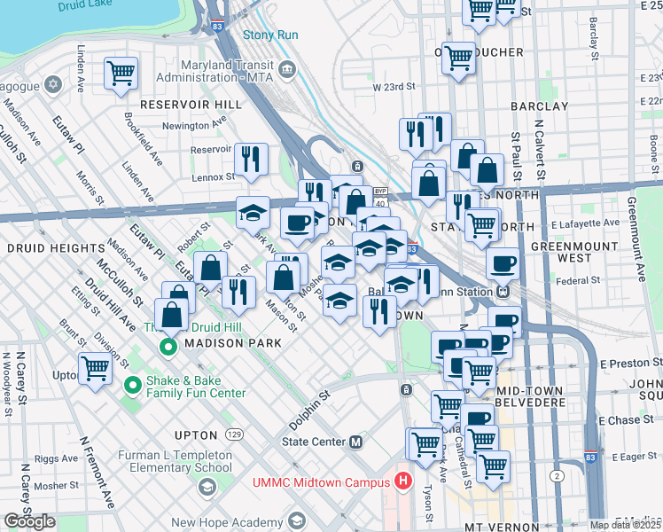 map of restaurants, bars, coffee shops, grocery stores, and more near Mosher St & John St in Baltimore