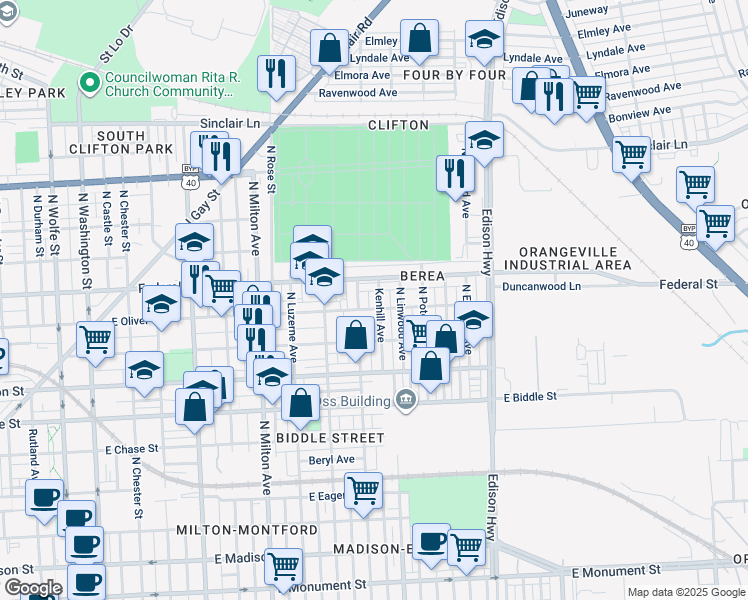 map of restaurants, bars, coffee shops, grocery stores, and more near 1506 Kenhill Avenue in Baltimore