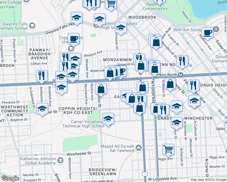 map of restaurants, bars, coffee shops, grocery stores, and more near 2113 Westwood Avenue in Baltimore