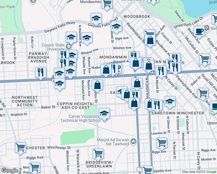 map of restaurants, bars, coffee shops, grocery stores, and more near 2119 Westwood Avenue in Baltimore