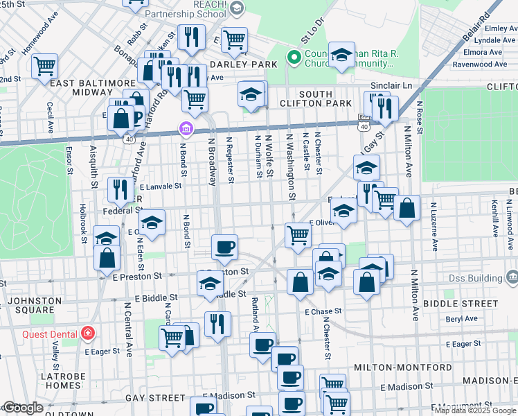 map of restaurants, bars, coffee shops, grocery stores, and more near 1817 Federal Street in Baltimore
