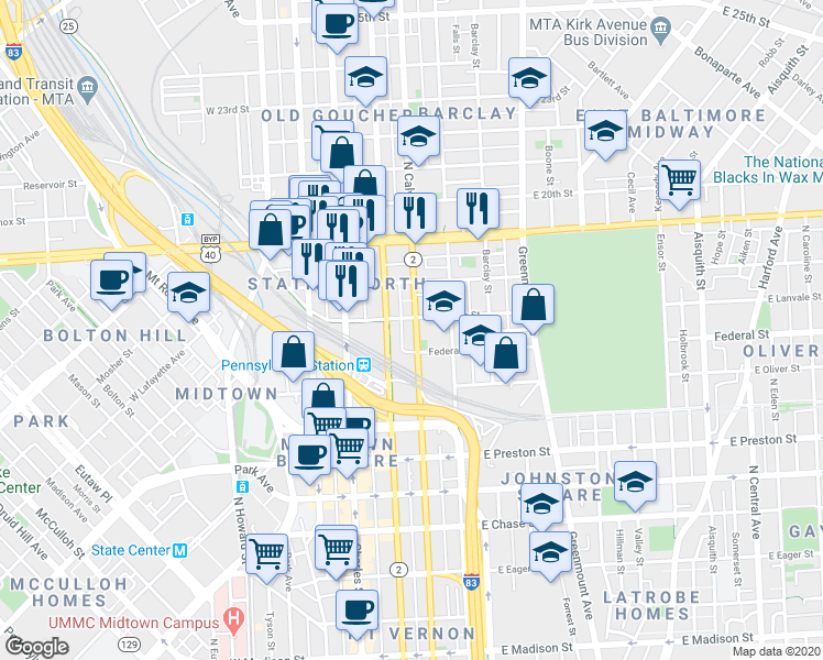 map of restaurants, bars, coffee shops, grocery stores, and more near 1628 North Calvert Street in Baltimore