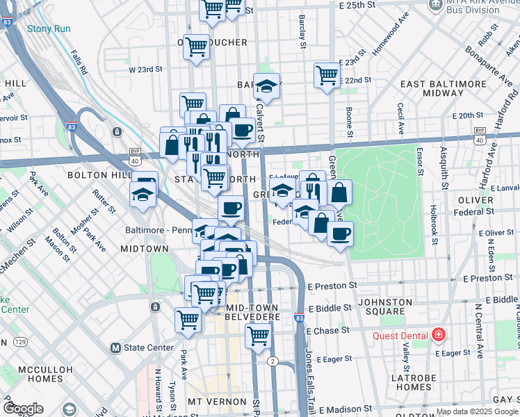map of restaurants, bars, coffee shops, grocery stores, and more near 1628 North Calvert Street in Baltimore