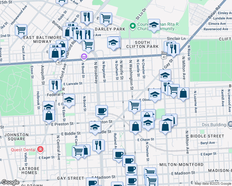 map of restaurants, bars, coffee shops, grocery stores, and more near 1811 Federal Street in Baltimore