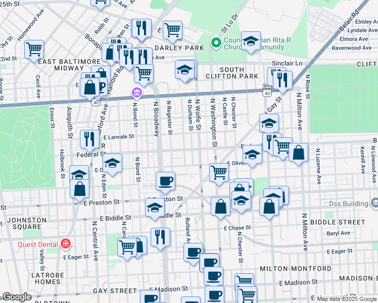 map of restaurants, bars, coffee shops, grocery stores, and more near 1811 Federal Street in Baltimore