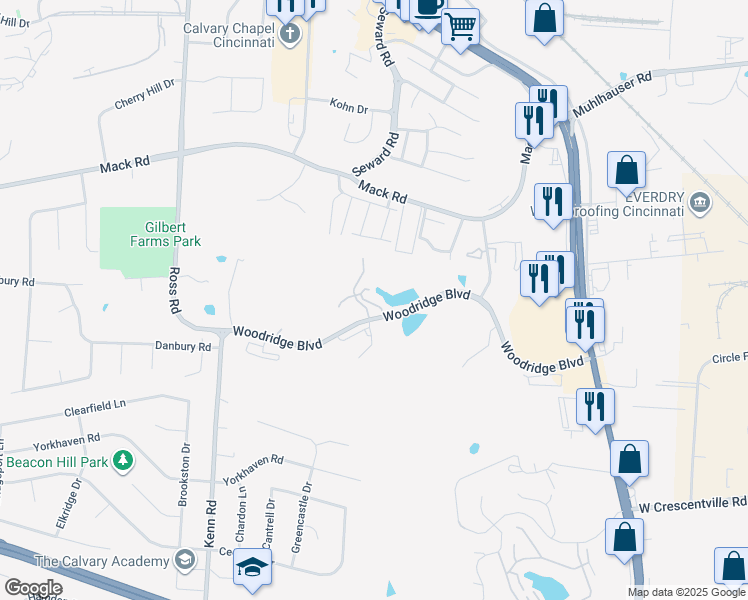 map of restaurants, bars, coffee shops, grocery stores, and more near 3830 Woodridge Boulevard in Fairfield