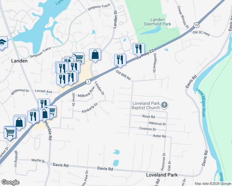 map of restaurants, bars, coffee shops, grocery stores, and more near 8690 Exeter Place in Maineville