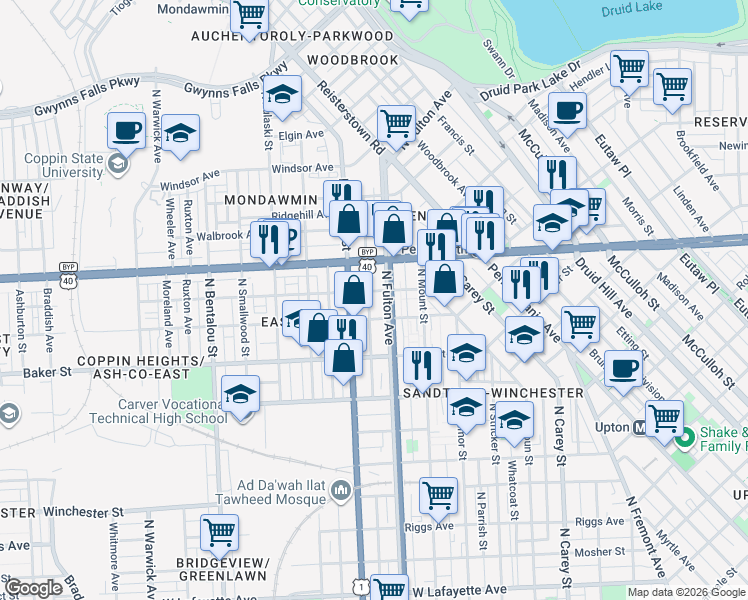 map of restaurants, bars, coffee shops, grocery stores, and more near 1733 McKean Avenue in Baltimore