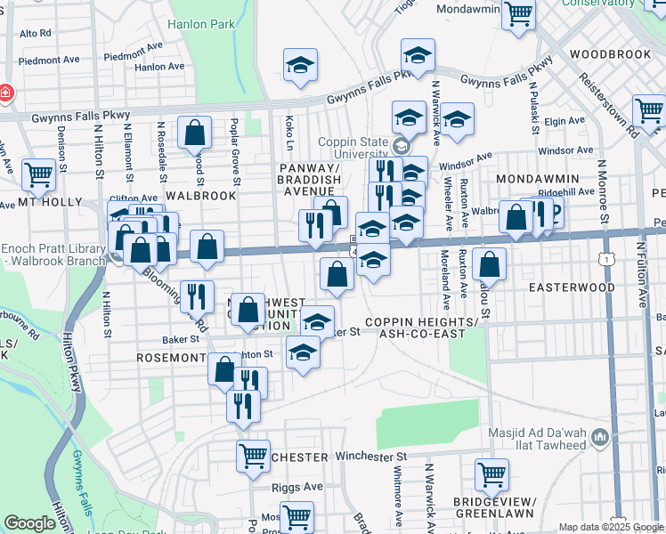 map of restaurants, bars, coffee shops, grocery stores, and more near 1808 Braddish Avenue in Baltimore