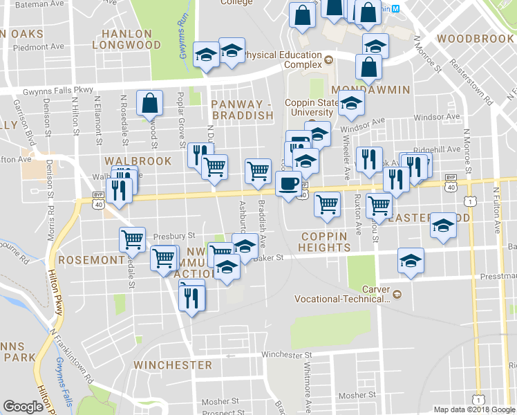 map of restaurants, bars, coffee shops, grocery stores, and more near 1808 Braddish Avenue in Baltimore