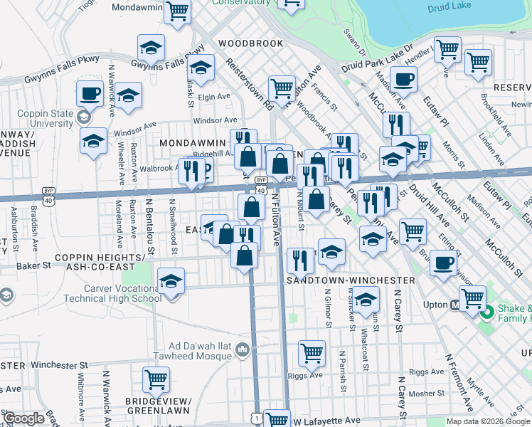 map of restaurants, bars, coffee shops, grocery stores, and more near 1733 McKean Avenue in Baltimore