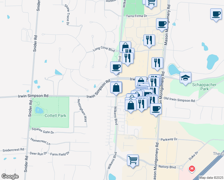 map of restaurants, bars, coffee shops, grocery stores, and more near 6022 Deerfield Boulevard in Mason