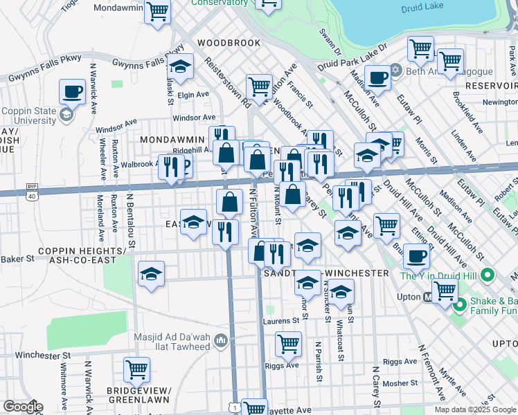 map of restaurants, bars, coffee shops, grocery stores, and more near 1729 North Fulton Avenue in Baltimore
