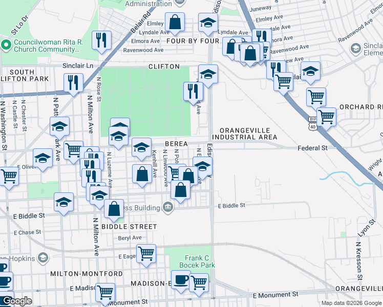 map of restaurants, bars, coffee shops, grocery stores, and more near 1509 North Decker Avenue in Baltimore