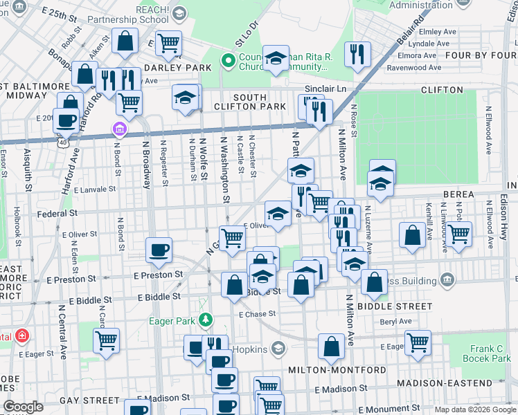 map of restaurants, bars, coffee shops, grocery stores, and more near 2105 East Federal Street in Baltimore