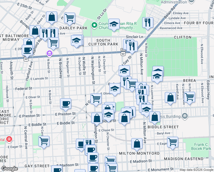 map of restaurants, bars, coffee shops, grocery stores, and more near 2105 East Federal Street in Baltimore