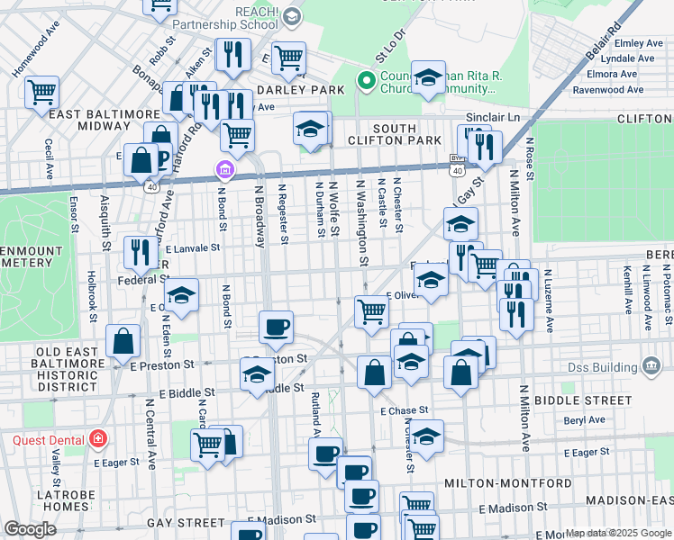 map of restaurants, bars, coffee shops, grocery stores, and more near E Federal St & N Wolfe St in Baltimore