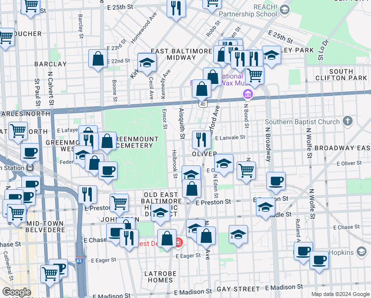 map of restaurants, bars, coffee shops, grocery stores, and more near 1619 Aisquith Street in Baltimore