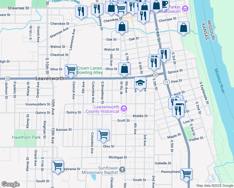 map of restaurants, bars, coffee shops, grocery stores, and more near 1001 6th Avenue in Leavenworth