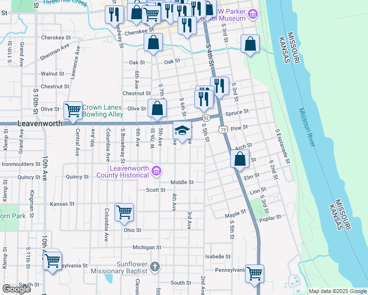 map of restaurants, bars, coffee shops, grocery stores, and more near 1000 3rd Avenue in Leavenworth