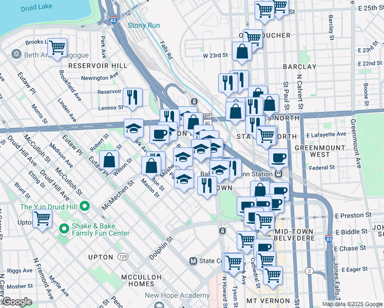map of restaurants, bars, coffee shops, grocery stores, and more near 1416 West Mount Royal Avenue in Baltimore